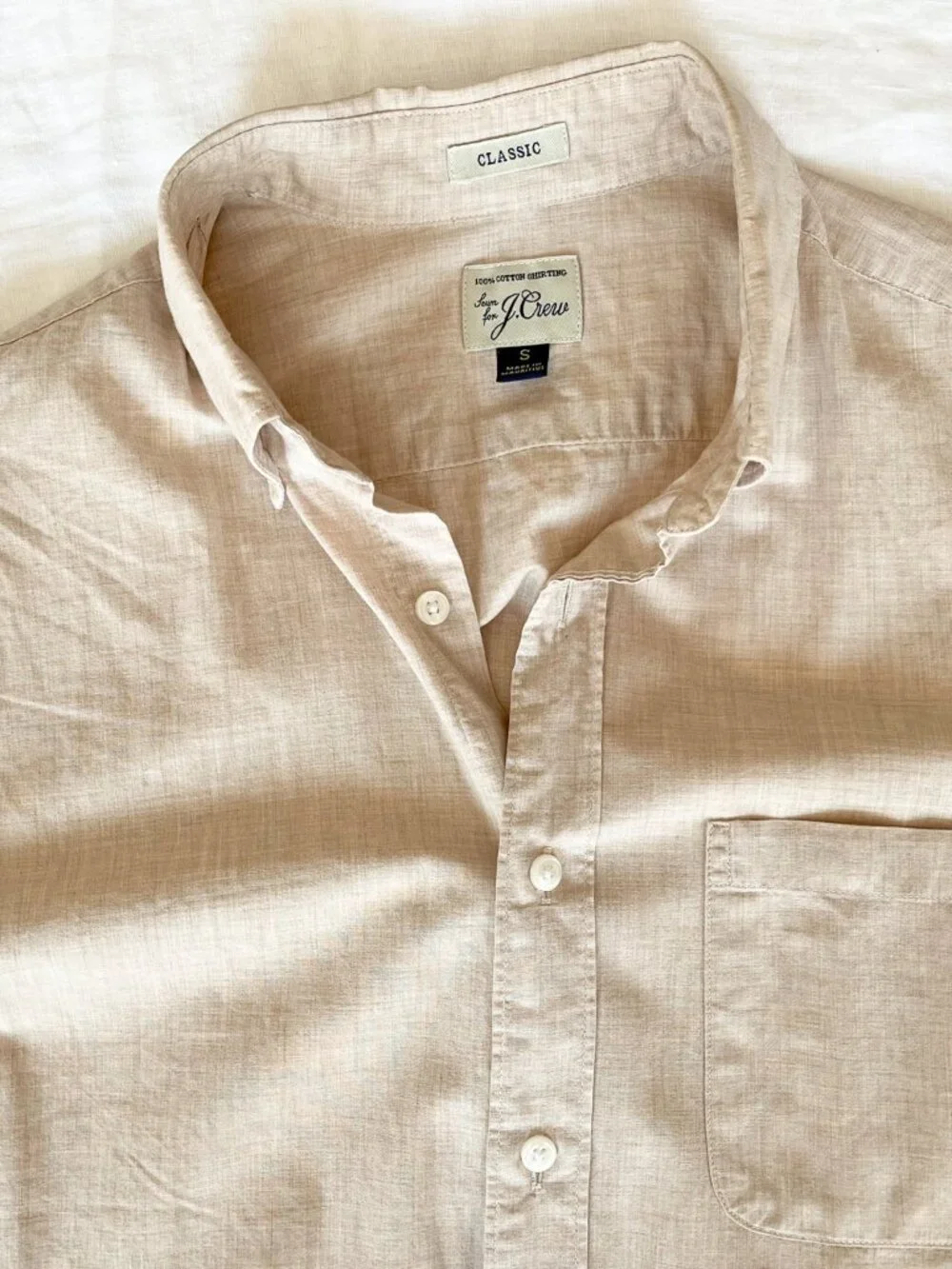 J Crew Secret Wash Classic Shirt in Heather Cotton Tan Flax S